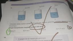 19.
18.
su
●
Küp şeker
FEN BİLİMLERİ
SU
Zeytinyağı
ve Z
Saman
Y
X
Yukarıdaki özdeş kapların içindeki 100 mL'lik sular içerisine gösterilen maddeler atılarak bir süre
karıştırılıyor.
Oluşan karışımlardan hangiler homojen hâle gelir?
A) Yalnız X
B) X ve Z
X karışımı tek bir madde gibi görünüyor.
SU
N
D) X, Y ve Z
pool damıtma yoluyla bilesenlerine ayrılabiliyor.
B