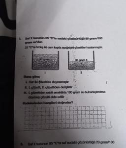 2
Saf X tuzunum 25 °C'ta sudaki çözünürlüğü 80 gram/100
gram su'dur.
25 °C'ta özdeş ild cam kapta aşağıdaki çözeltiler hazılanmıştır.
35 gram X
Buna göre;
L. Her iki özeltide doymamıştır
II. L. çözelti, II. çözeltiden derişiktir
III. L çözeltiden sabit sıcaklıkta 100 gram su-buharlaştırılırsa
doymuş çözelti elde edilir
ifadelerinden hangileri doğrudur?
3. Saf X tuzunun 95 °C'ta saf sudaki çözünürlüğü 20 gram/100