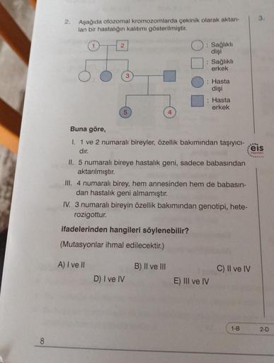 8
2.
Aşağıda otozomal kromozomlarda çekinik olarak aktarı-
lan bir hastalığın kalıtımı gösterilmiştir.
2
3
5
: Sağlıklı
dişi
: Sağlıklı
erkek
D) I ve IV
: Hasta
dişi
: Hasta
erkek
Buna göre,
I. 1 ve 2 numaralı bireyler, özellik bakımından taşıyıcı-
dır.
II