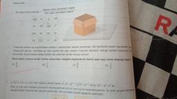 Matematik
3.
Bir olayın olma olasılığı =
169
121
289
91
79
İstenen olası durumların sayısı
Tüm olası durumların sayısı
11-
√50 √256
1,87
210
36 153 25
0.4 √T √81
Yukarıda verilen eş büyüklükteki kartların üzerine bazı sayılar yazılmıştır. Bu kartlarda yazan sayılardan, önc
irrasyonel sayılar, ardından üç tane pozitif tam sayı çarpanı bulunan sayıların olduğu kartlar boyanıyor. So
durumda, boyanmadan kalan kartlar ise yukarıda verilen kutuya atılıyor.
Buna göre, kutuya atılan kartlar arasından rastgele seçilecek bir kartın asal sayı olma olasılığı kaçtır?
A)
4) ²/2/2
1
C)
D)
a = 0, b =0, x, y ve z tam sayılar olmak üzere, a* a* = a**, (a) = a*y ve (a b)² =a².b² dir.
Sila ve Aslı üslü ifadeler konusunu kavrayabilmek için bir kart oyunu tasarlamışlardır. İki farklı grupta belirlenen
dörder kartın üzerine tam sayılar yazılmıştır. Bu oyundaki kartlar aşağıda verilmiştir.
RA