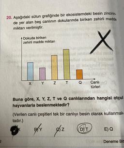 2
20. Aşağıdaki sütun grafiğinde bir ekosistemdeki besin zincirin-
de yer alan beş canlının dokularında biriken zehirli madde
miktarı verilmiştir.
A Dokuda biriken
zehirli madde miktarı
X
Y Z
T
BYY
sle site U
Q
X
long plab
Canlı
türleri
70
Buna göre, X, Y, Z, T ve Q canlılarından hangisi otçul
hayvanlarla beslenmektedir?
(Verilen canlı çeşitleri tek bir canlıyı besin olarak kullanmak-
tadır.)
diz
DYT
E) Q
Deneme Bit