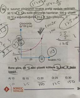 (19)
1140
114=16
19. X tuzunun çözünürlük-sıcaklık grafiği aşağıda verilmiştir.
30 °C ta X tuzu suda çözünerek hazırlanan 500 g çözelti
25 °C a soğutulduğunda 24 g X tuzu çöküyor
Çözünürlük
(g/100 g su)
35
350
19
+ s
gi
B) 15
75
25
SONUÇ
YAYINLARI
30
loogr
C) 20
100
e lehed t
no
119
Buna göre, 30 °C taki çözelti kütlece % kaç X tuzu
içerir?
A) 10
75M
I J
+
45
175
Sıcaklık (°C)
D) 25
125
E) 30
150
34