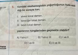 in za-
mana
5.
Kandaki oksihemoglobin yoğunluğunun hızla azal-
dığı bir süreçte kan;
I. alveol kılcal damarı,
II. karaciğer kılcal damarı,
III. beyin kılcal damarı,
yapılarının hangilerinden geçmekte olabilir?
A) Yalnız I
D) I ve III
B) Yalnız III
C) I ve II
E) II ve III