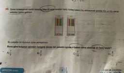 20. Şafak Kırtasiye'nin sahibi Mahmut Bey 37 adet renkleri hariç özdeş kalemi hiç artmayacak şekilde 3'lü ve 4'lü olarak
paketler haline getiriyor.
Bu paketler bir kutunun içine yerleştiriyor.
Buna göre kutunun içinden rastgele alınan bir paketin içinde 4 kalem olma olasılığı en fazla kaçtır?
A)=1/22
ARGON SERİSİ
B
2/3
9
C)
7
10
D)
8
C000-08.02CDS04