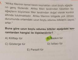 "Afrika fillerinin temel besin kaynakları uzun boylu ağaçla-
rin genç filizleridir. Afrika filleri tarafından tüketilen bu
ağaçların büyümesi filler tarafından doğal olarak kontrol
altında tutulmaktadır. Afrika fillerinin bölgede yok olması
durumunda ortamdaki uzun boylu odunsu bitkilerin sayısı
artar."
Buna göre uzun boylu odunsu bitkiler aşağıdaki kav-
ramlardan hangisi ile ilişkilendirilir?
A) Kilittaşı tür
C) Gösterge tür
E) Parazit tür
B) Baskın tür
D) İstilacı tür