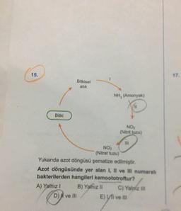 15.
Bitki
Bitkisel
atık
NH, (Amonyak)
D) JI ve III
11
NO₂
(Nitrit tuzu)
NO₁
(Nitrat tuzu)
Yukarıda azot döngüsü şematize edilmiştir.
Azot döngüsünde yer alan I, II ve Ill numaralı
bakterilerden hangileri kemoototroftur?
A) Yalnız I
B) Yalnız II
C) Yalniz III
E) II ve III
17.