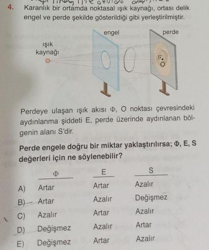 4.
ey
Karanlık bir ortamda noktasal ışık kaynağı, ortası delik
engel ve perde şekilde gösterildiği gibi yerleştirilmiştir.
engel
perde
ışık
kaynağı
Perdeye ulaşan ışık akısı , O noktası çevresindeki
aydınlanma şiddeti E, perde üzerinde aydınlanan böl-
geni