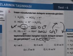 ZLARININ TAŞINMASI
din-
nin
ab-
3. İnsan vücudunda kan dolaşımı sırasında görülen;
1. H₂CO3
→ HCO3 + H+
II. HCO3 + H+ → H₂CO3
Test - 4
Hb+0₂ HbO, OLT
IV. Hb + H+ → HbH+ pocu cont
DOCU
tepkimelerinden hangileri küçük dolaşım sırasın-
da gerçekleşir? Ape
A) I ve II
B) II ve III
D) I, II ve III
C) IIl ve IV
E) II, III ve IV
ÖRNEK
Karbon
rasında
1. CO
II. H₂C
III. HCC
N. H₂C