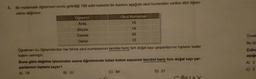 4. Bir matematik öğretmeni sınıfa getirdiği 100 adet kalemin bir kısmını aşağıda okul numaraları verilen dört öğren-
cisine dağıtıyor.
Öğrenci
Arda
Beyza
Cemre
Deniz
B) 51
Öğretmen bu öğrencilerden her birine okul numarasının kendisi hariç tüm doğal sayı çarpanlarının toplamı kadar
kalem vermiştir.
Okul Numarası
10
14
33
12
Buna göre dağıtma işleminden sonra öğretmende kalan kalem sayısının kendisi hariç tüm doğal sayı çar-
panlarının toplamı kaçtır?
A) 79
C) 49
D) 21
Omel
Bu dü
Çubu
aşağı
A) 2
C)
2