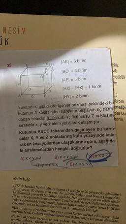 NESIN
JK
35.
|AB| = 6 birim
|BC| = 3 birim
|AF| = 5 birim
|HX| = |HZ| = 1 birim
|HY| = 2 birim
..)
Yukarıdaki gibi dikdörtgenler prizması şeklindeki binlerden,
kutunun A köşesinden harekete başlayan üç karın emediğir
cadan birincisi X. ikincisi Y, üçüncüsü Z noktasınaden san..
latırım.
sırasıyla x, y ve z birim yol alarak ulaşmıştır.
LL
5
A
E
X1H
Z
6
3
Kutunun ABCD tabanından geçmeyen bu karın-
calar X, Y ve Z noktalarına kutu yüzeyinde kala-
rak en kısa yollardan ulaştıklarına göre, aşağıda-
ki sıralamalardan hangisi doğrudur?
A) x<ysz
B) x<z<y
Dy<z<x
E) z<y<x
y<x<
ugüz.
sak,
zübüklük
zim
Nesin Vakfı
1972'de kurulan Nesin Vakfı, ortalama 45 çocuğu ve 20 çalışanıyla, gönüllüleri
de sayarsak 70 kişilik cıvıl civil bir ailedir. Vakfın ana binası Çatalca'da,
15 dönümlük yemyeşil bir bahçe içindedir. Her çocuğun ayrı bir odası vardır.
İlk ve orta eğitimdeki çocuklarımız Çatalca' daki devlet okullarında okurlar.
Yüksek öğretimdeki gençlerimiz, bulundukları kentlerde, varsa Nesin Vakfı'nın
evlerinde, yoksa kiralanan bir evde ya da yurtlarda kalırlar.
İlkokul çağına girmeden vakfa giren çocuklar bir meslek edininceye, daha
doğrusu kendi ayakları üstünde duruncaya değin, vakfın koruması altındadır.
Nesin Vakfı'nda neredeyse yok yoktur. Elli bin kitanlıl
tiyatro salonu, yüzme havuzu
müzesi bilais