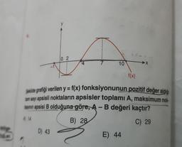 0 2
D) 43
10
f(x)
Şekilde grafiği verilen y = f(x) fonksiyonunun pozitif değer aldığı
um sayı apsisli noktaların apsisler toplamı A, maksimum nok-
tasının apsisi B olduğuna göre, A - B değeri kaçtır?
B) 28
C) 29
X
E) 44