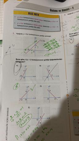 AYT MATEMATİK SORU BANKASI
u
1. Aşağıda y = f(x) fonksiyonunun grafiği verilmiştir.
A)
F
+
BİLGİ NOTU
y = f(x) fonksiyonunu k birim yukarı ötelenirse y = f(x) + k
fonksiyonunun grafiği elde edilir.
y = f(x) fonksiyonu k birim aşağı ötelenirse y = f(x) - k
fonksiyonunun grafiği elde edilir.
✓
-2
-4
-121
Buna göre, f(x) + 2 fonksiyonunun grafiği aşağıdakilerden
hangisidir?
legm=1₁2
4
AY
O
4
-2
AY
of
E)
2-=-x
6=7+x)
y
➤X
f(x1=x+2
-X
O
y = f(x)
B)
>
5+2=1+(1
D)
2
-2
91294
210 2124
47042
FO
AY
Öteleme
0
2
0
Le
bf xx
AY
K
4
ve
X
2
|=x
2
X
Simetri-1
812-1
zo
+4₂0
HIO
1
X
2. Aşağıda y = f(x)
B
i
A
R
4-1
-20
Buna göre,
hangisidir?
C)
eği
2
y
S