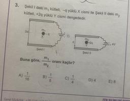 3.
Şekil I deki m, kütleli, -q yüklü X cismi ile Şekil II deki m2
kütleli, +2q yüklü Y cismi dengededir.
2d
Buna göre,
A) 1
16
m₁
Şekil I
-q
m₁
m₂
B)
Genel Müdürlük: +90 (316) 10
8
d
oranı kaçtır?
C)
m₂
+2q
Şekil II
D) 4
+
4V
E) 8
FEN BİLİMLERİ YAXU