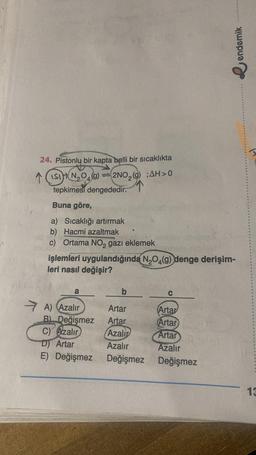 24. Pistonly bir kapta belli bir sıcaklıkta
↑
ISI (N₂O(g)
2NO(9) ;AH>0
tepkimesi dengededir.
Buna göre,
a) Sıcaklığı artırmak
b) Hacmi azaltmak
c) Ortama NO₂ gazı eklemek
=
a
işlemleri uygulandığında N₂O4(g) denge derişim-
leri nasıl değişir?
A) (Azalır
B) Değişmez
C) Azalır
D) Artar
E) Değişmez
b
Artar
Artar
Azalir
Azalır
Değişmez
endemik
Artar
Artar
Artar
Azalır
Değişmez
I
13