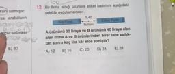 O'sini satmıştır.
sa arabaların
cia satması
E) 80
100
12. Bir firma aldığı ürünlere etiket basımını aşağıdaki
şekilde uygulamaktadır.
%40
Alış Fiyatı
fazlası
A ürününü 30 liraya ve B ürününü 40 liraya alan
alan firma A ve B ürünlerinden birer tane sattık-
tan sonra kaç lira kâr elde etmiştir?
A) 12 B) 16 C) 20 D) 24 E) 28
Etiket Fiyatı