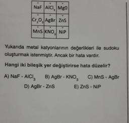 NaF AICI, Mg0
Cr,O, AgBr| ZnS
MnS KNO, NIP
Yukarıda metal katyonlarının değerlikleri ile sudoku
oluşturmak istenmiştir. Ancak bir hata vardır.
Hangi iki bileşik yer değiştirirse hata düzelir?
C) MnS - AgBr
A) NaF-AICI, B) AgBr - KNO,
D) AgBr - ZnS
E) ZnS - NiP