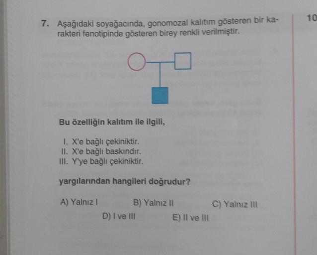 7. Aşağıdaki soyağacında, gonomozal kalıtım gösteren bir ka-
rakteri fenotipinde gösteren birey renkli verilmiştir.
Bu özelliğin kalıtım ile ilgili,
1. X'e bağlı çekiniktir.
II. X'e bağlı baskındır.
III. Y'ye bağlı çekiniktir.
yargılarından hangileri doğru