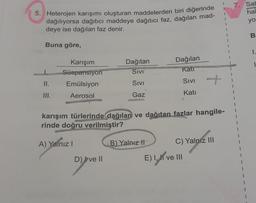 5. Heterojen karışımı oluşturan maddelerden biri diğerinde
dağılıyorsa dağıtıcı maddeye dağıtıcı faz, dağılan mad-
deye ise dağılan faz denir.
Buna göre,
II.
Karışım
Süspansiyon
Emülsiyon
Aerosol
Dağıtan
SIVI
SIVI
Gaz
D) ve II
karışım türlerinde dağılan ve dağıtan fazlar hangile-
rinde doğru verilmiştir?
A) Yalnız I
Dağılan
Kati
SIVI
Katı
B) Yalnız II
C) Yalnız III
E) I, II ve III
7. Sab
hal
you
B
1