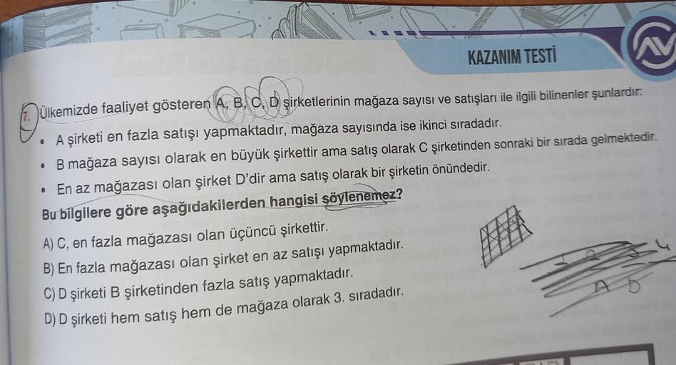Ülkemizde faaliyet gösteren A, B, C, D şirketlerinin mağaza sayısı ve satışları ile ilgili bilinenler şunlardır:
KAZANIM TESTİ
¹ A, B, C, D) sin
• A şirketi en fazla satışı yapmaktadır, mağaza sayısında ise ikinci sıradadır.
• B mağaza sayısı olarak en büy