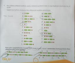 9.
Mors alfabesi; alfabenin harflerini, sayıları, noktalama işaretlerini nokta ve çizgi dizgileriyle temsil eden bir sis-
temdir.
Aşağıda bazı harflerin uluslararası Mors alfabesinde karşılıkları gösterilmiştir.
ABCDEFGHL
OM Ge
E
FO
K
L
M
N
5
P
RSTD> > N
U
V
Buna göre aşağıdakilerden hangisi "Ercan, Davut, Numan, Ahmet" isimlerinden herhangi birinin Mors
alfabesine göre yazımı değildir?
D
Y
A
odoc
ER
C
P