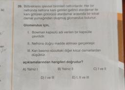 iki
hari
ople
K
39. Böbreklerin işlevsel birimleri nefronlardır. Her bir
nefronda nefrona kanı getiren getirici atardamar ile
kanı götüren götürücü atardamar arasında bir kılcal
damar yumağından oluşmuş glomerulus bulunur.
Glomerulus için,
I. Bowman kapsülü adı verilen bir kapsülle
çevrilidir.
II. Nefrona doğru madde atılması gerçekleşir.
III. Kan basıncı vücuttaki diğer kılcal damarlardan
düşüktür.
açıklamalarından hangileri doğrudur?
A) Yalnız I
B) Yalnız II
D) I ve III
E) I, II ve III
C) I ve II