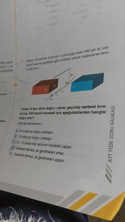 nde sayfa
yla 21, i, ve
uyguladığı
akiler-
sempigad
nielpad
net
niided
rigided
ip
M
semeidea
16hA
4. Düşey düzlemde bulunan @ uzunluğundaki KM teli iki mik-
natış arasına şekildeki gibi yalıtkan iplerle bağlanarak tava-
na asılıyor.
ip
TIESA
S
K nshulud ebnimalsür stys2
onhichid
AN kutbuna doğru yaklaşır.
B) S kutbuna doğru yaklaşır.
CN-S arasında salınım hareketi yapar.
D Hareket etmez, ip gerilmeleri artar.
E) Hareket etmez, ip gerilmeleri azalır.
(3
Telden K'den M'ye doğru i akımı geçirilip serbest bıra-
kılırsa, KM telinin hareketi için aşağıdakilerden hangisi
doğru olur?
(KM teli esnemiyor.)
AYT FİZİK SORU BANKASI
