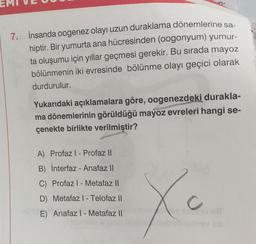 7. İnsanda oogenez olayı uzun duraklama dönemlerine sa-
hiptir. Bir yumurta ana hücresinden (oogonyum) yumur-
ta oluşumu için yıllar geçmesi gerekir. Bu sırada mayoz
bölünmenin iki evresinde bölünme olayı geçici olarak
durdurulur.
Yukarıdaki açıklamalara göre, oogenezdeki durakla-
ma dönemlerinin görüldüğü mayoz evreleri hangi se-
çenekte birlikte verilmiştir?
A) Profaz I-Profaz II
B) İnterfaz - Anafaz II
C) Profaz I - Metafaz II
D) Metafaz I - Telofaz II
E) Anafaz I - Metafaz II
Xc