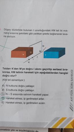 1. Düşey düzlemde bulunan @ uzunluğundaki KM teli iki mik-
natış arasına şekildeki gibi yalıtkan iplerle bağlanarak tava-
na asılıyor.
N
K
l
M
V
Telden K'den M'ye doğru i akımı geçirilip serbest bıra-
kılırsa, KM telinin hareketi için aşağıdakilerden hangisi
doğru olur?
(KM teli esnemiyor.)
ip
Cuvvetinin yön ve büyüklüğünün de-
S
A) N kutbuna doğru yaklaşır.
B) S kutbuna doğru yaklaşır.
CYN-S arasında salınım hareketi yapar.
Hareket etmez, ip gerilmeleri artar.
E) Hareket etmez, ip gerilmeleri azalır.
AYT FİZİK SORU BANKASI