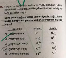 11. Katyon ve anyon adı verilen zıt yüklü iyonların birbirini
elektrostatik çekim kuvveti ile çekmesi sonucunda iyonik
bağlı bileşikler oluşur.
Buna göre, aşağıda adları verilen iyonik bağlı bileşik-
lerden hangisi karşısında verilen iyonlardan oluşma-
mıştır?
Bileşik adı
A) Potasyum nitrat
B) Amonyum sülfat
C) Magnezyum klorür
D) Alüminyum fosfat
E) Demir (III) hidroksit
Katyon
K+
NH
Mg²+
A/³+
Fe³+
Anyon
NO3
S²-
CI™
PO³-
OH™