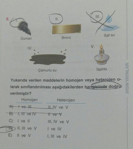 8.
Duman
IV.
Homojen
A)
ve III
B) 1,111 ve TV
C)
I ve II
II, III ve V
II.
E) II ve V
Çamurlu su
Bronz
Heterojen
V.
Yukarıda verilen maddelerin homojen veya heterojen o-
larak sınıflandırılması aşağıdakilerden hangisinde doğru
verilmiştir?
II, IV ve V
tl ve