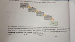 risinde özdeş topların bulunduğu birbirine bağlı dört tane makine verilmiştir.
1. makine
(169 top)
14
Il makine
(183 top)
III. makine
(211 top)
IV. makine
(106 top)
Kutu
Bu makinelerin her biri üzerindeki butona basıldığında içinde bulunan top sayısının karekökü kadar topu, altınd
bulunan makineye göndermektedir. Başlangıçta makinelerin tüm kapakları kapalı iken 1. makinenin butonuna bas
larak topların II. makineye geçişi sağlanıyor. Aynı işlem sırasıyla II, III ve IV. makineler için de uygulanıyor.
Buna göre, son durumda kutu içerisinde kaç tane top birikir?
A) 10
B) 11
C) 12
D) 13
At
C