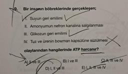 9.
Bir insanın böbreklerinde gerçekleşen;
. Suyun geri emilimi
II. Amonyumun nefron kanalına salgılanması
III. Glikozun geri emilimi
IV. Tuz ve ürenin bowman kapsülüne süzülmesi
olaylarından hangilerinde ATP harcanır?
A) I ve III
B) I ve III
D) I, II ve III
C) I, III ve IV
E) I, II, II ve IV