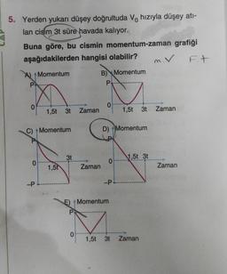 5. Yerden yukarı düşey doğrultuda Vo hızıyla düşey atı-
lan cisim 3t süre havada kalıyor.
Buna göre, bu cismin momentum-zaman grafiği
aşağıdakilerden hangisi olabilir?
Ft
A) Momentum
P
0
C) + Momentum
0
1,5t 3t Zaman
-P
1,5t
3t
Zaman
0
B) Momentum
P
0
D) Momentum
O
-P
Momentum
M
1,5t 3t
1,5t 3t Zaman
1,5t 3t
m. V
Zaman
Zaman