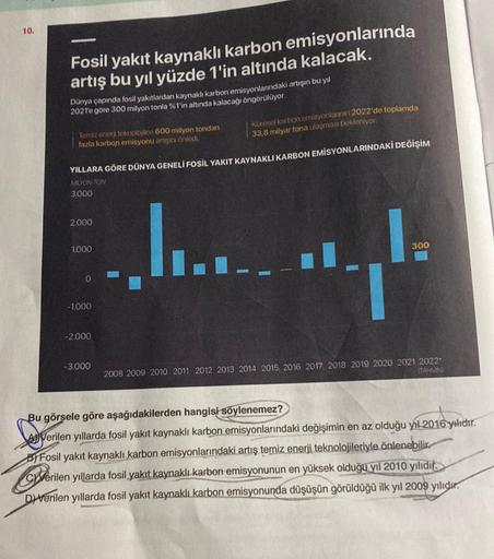 10.
Fosil yakıt kaynaklı karbon emisyonlarında
artış bu yıl yüzde 1'in altında kalacak.
Dünya çapında fosil yakıtlardan kaynaklı karbon emisyonlarındaki artışın bu yıl
2021'e göre 300 milyon tonla %1'in altında kalacağı öngörülüyor.
Temiz enerji teknolojil