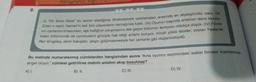 8.
Paragratta Yapı
38 38 38
(1) "On İkinci Gece" bu sezon izlediğimiz Shakespeare uyarlamaları arasında en alçakgönüllü olanı. (II)
Zaten o eşsiz Hamlet'in tadı tüm izleyenlerin damağında kaldı. (III) Oyunun başında anlatılan deniz kazası-
nın canlandırılmasından, aşk trafiğinin sıkışmasına dek geçen bölümün temposu oldukça düşük. (IV) Filmin
kalan bölümünde de oyuncuların gücüyle hak ettiği anlamı buluyor, mizah yüklü dizeler; soytarı Feste'de
Ben Kingsley, derin bakışları, alaycı gülümsemesiyle her zamanki gibi olağanüstüydü.
Bu metinde numaralanmış cümlelerden hangisinden sonra "Ama oyuncu seçimindeki isabet filmden kopmamıza
engel oluyor." cümlesi getirilirse metnin anlatım akışı bozulmaz?
A) I.
B) II.
C) III.
D) IV.