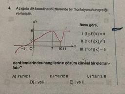 4.
Aşağıda dik koordinat düzleminde bir f fonksiyonunun grafiği
verilmiştir.
-3 O
lıdır?
AY
A) Yalnız I
7 1011
denklemlerinden hangilerinin çözüm kümesi bir eleman-
D) I ve II
X
B) Yalnız II
Buna göre,
1. (fof)(x) = 0
II. (fof)(x)=2
III. (fof)(x) = 6
E) I ve III
C) Yalnız III