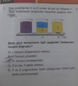 3.
1. Oda sıcaklığında X ve Z sıvıları ile çok az miktarda Y
katısı kullanılarak oluşturulan karışımlar aşağıda veril-
miştir.
NX
1
III Y(k)
Buna göre karışımlarla ilgili aşağıdaki ifadelerden
hangisi doğrudur?
N
11
A) I. karışım süspansiyon olamaz.
B. karışım çözeltidir.
III. karışım emülsiyondur.
D) Z su ise, Y şeker olamaz.
E) X ve Z yoğunlukları farklı olduğundan birbiri içeri-
sinde çözünmemiştir.