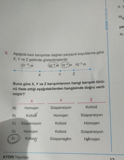 6. Aşağıda bazı karışımlar dağılan parçacık boyutlarına göre
X, Y ve Z şeklinde gösterilmişlerdir.
10-15 m
X
X
Homojen
Kolloid
Süspansiyon
A)
B)
C)
D) Homojen
E)
Kolloid/
AYDIN Yayınları
10-9 m 10-6m 10-³ m
Y
Buna göre X, Y ve Z karışımlarının hangi karışı