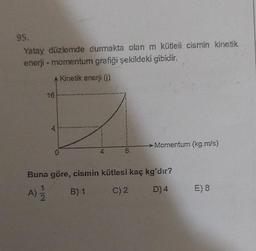 95.
Yatay düzlemde durmakta olan m kütleli cismin kinetik
enerji - momentum grafiği şekildeki gibidir.
A Kinetik enerji (j)
16
4
0
4
8.
→Momentum (kg.m/s)
Buna göre, cismin kütlesi kaç kg'dır?
A) 2/1/2
B) 1
C) 2 D) 4
E) 8