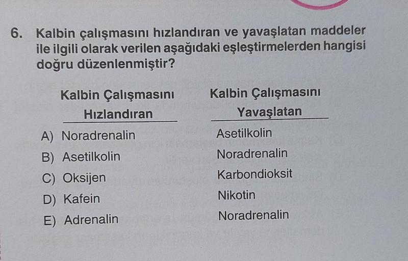 6. Kalbin çalışmasını hızlandıran ve yavaşlatan maddeler
ile ilgili olarak verilen aşağıdaki eşleştirmelerden hangisi
doğru düzenlenmiştir?
Kalbin Çalışmasını
Hızlandıran
A) Noradrenalin
B) Asetilkolin
C) Oksijen
D) Kafein
E) Adrenalin
Kalbin Çalışmasını
Y