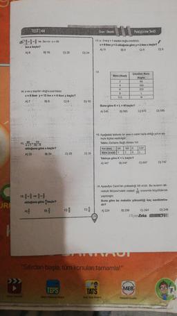 URI
More Col
TEST 44
-- ve 2a+b-c-40
ise a kaçtır?
A) 8
B) 16
10.x ve y sayıları doğru orantilidir.
x=8 iken y = 12 ise x = 8 iken y kaçtır?
A) 7
B) 8
C) 9-
46
11.x+1=2x-8
olduğuna göre x kaçtır?
A) 20
B) 24
72
olduğuna göre kaçtır?
A)/2
B)
C) 20
TEPS
fötin Panama Sche
C) 25
D) 24
D) 10
D) 28
D)
Oran Oranti
13.x-3 vey+1 sayılan doğru orantıldt.
F
x= 9 iken y = 2 olduğuna göre y 3 iken x kaçtır?
A) 11
B) 9
C) 8
14
175
Süre (Saat)
2
4
K
8
5,6
C
Buna göre K+ L+M kaçtır?
A) 545
B) 565
A) 224
Yol (km) 90 180 K
Süre (saat) 1 2 6
Tabloya göre K+L kaçtır?
A) 447
B) 547
TATS
Ak Takip Sistemi
Pekiştirme Testi
Çözülen Soru
Sayisi
80
"Sıfırdan başla, tüm konuları tamamla!"
B) 236
15. Aşağıdaki tabloda bir aracın sabit hızla aldığı yolun so-
reyle ilişkisi verilmiştir...
Tablo: Zamana Bağlı Alinan Yol
160
200
L
M
MEB
C) 575
Kazanım Uyumlu
630
L
16. Ayasofya Cami'nin yüksekliği 56 m'dir. Bu kulenin Mi-
niatürk Müzesi'ndeki maketi oranında küçültülerek
yapılmıştır
25
C) 647
Buna göre bu maketin yüksekliği kaç santimetre-
dir?
C) 244
HiperZeka.
D) 5
D) 585
Estat
D) 747
D) 248
NDI!!
7