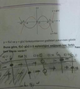 AY
y = g(x)
for
6
-5
-6
y = f(x) ve y = g(x) fonksiyonlarının grafikleri yukarıdaki gibidir
Buna göre, f(x) g(x) > 0 eşitsizliğini sağlayan kaç farklı
tam sayısı vardır?
A) 7
BL8
C) 9Q
6,514
y = f(x)
e
han
D) 10 E) 11 )}