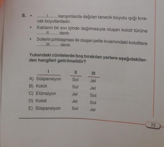 8. .................. karışımlarda dağılan tanecik boyutu ışığı kira-
cak boyutlardadır.
Katıların bir sıvı içinde dağılmasıyla oluşan koloit türüne
..II........ denir.
●
●
Sollerin pıhtılaşması ile oluşan pelte kıvamındaki koloitlere
........III........ d