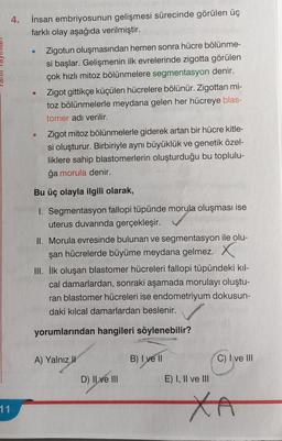 11
4.
İnsan embriyosunun gelişmesi sürecinde görülen üç
farklı olay aşağıda verilmiştir.
●
●
Zigotun oluşmasından hemen sonra hücre bölünme-
si başlar. Gelişmenin ilk evrelerinde zigotta görülen
çok hızlı mitoz bölünmelere segmentasyon denir.
Zigot gittikçe küçülen hücrelere bölünür. Zigottan mi-
toz bölünmelerle meydana gelen her hücreye blas-
tomer adı verilir.
Zigot mitoz bölünmelerle giderek artan bir hücre kitle-
si oluşturur. Birbiriyle aynı büyüklük ve genetik özel-
liklere sahip blastomerlerin oluşturduğu bu toplulu-
ğa morula denir.
Bu üç olayla ilgili olarak,
1. Segmentasyon fallopi tüpünde morula oluşması ise
uterus duvarında gerçekleşir.
II. Morula evresinde bulunan ve segmentasyon ile olu-
şan hücrelerde büyüme meydana gelmez. X
III. İlk oluşan blastomer hücreleri fallopi tüpündeki kıl-
cal damarlardan, sonraki aşamada morulayı oluştu-
ran blastomer hücreleri ise endometriyum dokusun-
daki kılcal damarlardan beslenir.
yorumlarından hangileri söylenebilir?
A) Yalnız II
D) Il ve III
B) I ve II
E) I, II ve III
C) I ve III