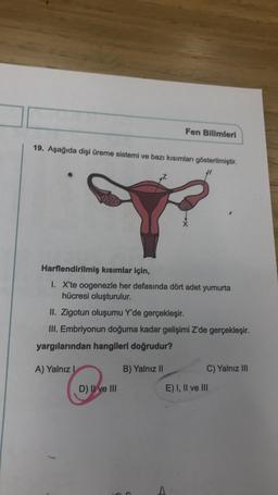 Fen Bilimleri
19. Aşağıda dişi üreme sistemi ve bazı kısımları gösterilmiştir.
Harflendirilmiş kısımlar için,
1. X'te oogenezle her defasında dört adet yumurta
hücresi oluşturulur.
II. Zigotun oluşumu Y'de gerçekleşir.
III. Embriyonun doğuma kadar gelişimi Z'de gerçekleşir.
yargılarından hangileri doğrudur?
A) Yalnız I
B) Yalnız II
D) II ve III
C) Yalnız III
E) I, II ve III