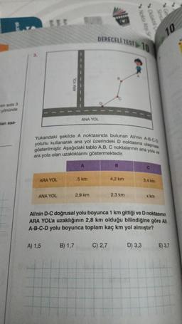 rim sola 3
yönünde
lan aşa-
ARA YOL
ANA YOL
Yukarıdaki şekilde A noktasında bulunan Ali'nin A-B-C-D
yolunu kullanarak ana yol üzerindeki D noktasına ulaşması
gösterilmiştir. Aşağıdaki tablo A,B, C noktalarının ana yola ve
ara yola olan uzaklıklarını göstermektedir.
A) 1,5
ANA YOL
B) 1,7
5 km
DERECELI TEST 10
2,9 km
B
C) 2,7
Nokta Ats S
Didaktik
4,2 km
2,3 km
Ali'nin D-C doğrusal yolu boyunca 1 km gittiği ve D noktasının
ARA YOL'a uzaklığının 2,8 km olduğu bilindiğine göre All
A-B-C-D yolu boyunca toplam kaç km yol almıştır?
3,4 km
D) 3,3
x km
10
E) 3,7