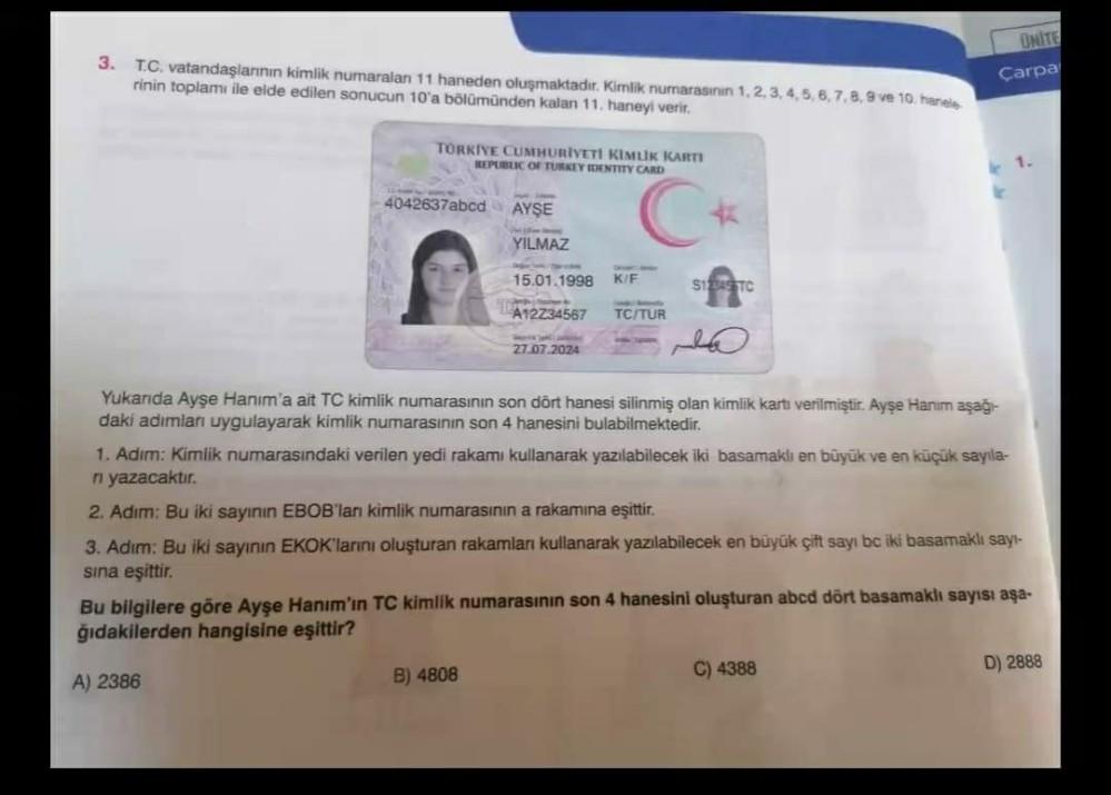 3. T.C. vatandaşlarının kimlik numaralan 11 haneden oluşmaktadır. Kimlik numarasının 1, 2, 3, 4, 5, 6, 7, 8, 9 ve 10. hanele
rinin toplamı ile elde edilen sonucun 10'a bölümünden kalan 11. haneyi verir.
TORKIYE CUMHURIYETI KIMLIK KARTI
REPUBLIC OF TURKEY I