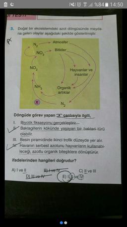 VI TESTT
3. Doğal bir ekosistemdeki azot döngüsünde meyda-
na gelen olaylar aşağıdaki şekilde gösterilmiştir.
X
N₂
A) I ve II
NO3
NO₂
L
NH3
Atmosfer
Bitkiler
D) II ve IV
Hayvanlar ve
insanlar
Organik
artıklar
N₂
Döngüde görev yapan "X" canlısıyla ilgili,
1. Biyotik fiksasyonu gerçekleştirir.
Baklagillerin kökünde yaşayan bir bakteri türü
olabilir.
III. Besin piramidinde ikinci trofik düzeyde yer alır.
V. Havanın serbest azotunu hayvanların kullanabi-
leceği, azotlu organik bileşiklere dönüştürür.
ifadelerinden hangileri doğrudur?
B) Ive V
%84 14:50
C) II ve III
E) Ive