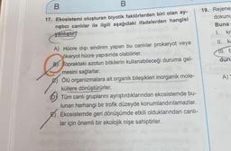 B
B
17. Ekosistemi oluşturan biyotik faktörlerden biri olan ay-
riştıcı canlılar ile ilgili aşağıdaki ifadelerden hangisi
yanlıştır?
A) Hücre dışı sindirim yapan bu canlılar prokaryot veya
ökaryot hücre yapısında olabilirler.
BTopraktaki azotun bitkilerin kullanabileceği duruma gel-
mesini sağlarlar.
Ölü organizmalara ait organik bileşikleri inorganik mole-
küllere dönüştürürler.
b
Tüm canlı gruplarını ayrıştırdıklarından ekosistemde bu-
lunan herhangi bir trofik düzeyde konumlandırılamazlar.
Ekosistemde geri dönüşümde etkili olduklarından canlı-
lar için önemli bir ekolojik nişe sahiptirler.
19. Rejener
dokunu
Buna
I. kr
II. ka
ll. fa
duru
A)