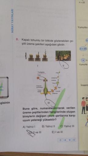 ari-
re-
gisinin
MİRAY YAYINLARI
8. Kapalı tohumlu bir bitkide gözlenebilen çe-
şitli üreme şekilleri aşağıdaki gibidir.
I
Tozlaşma
Puen
Ovaryum
Tohum
III
Dolenme
Zigot
II
Buna göre, numaralandırılarak verilen
üreme çeşitlerinden hangilerinde oluşan
bireyl